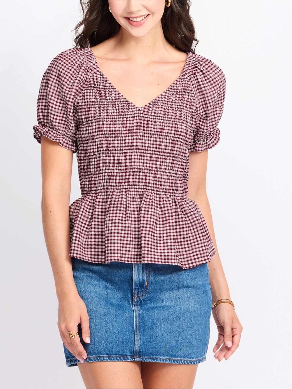 Sky Burgundy Gingham Smocked Peplum Top